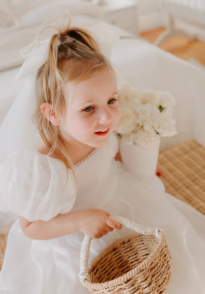 Kid little girl Pearl Flower girl Tulle Dress with matching hair bow - Fox Baby & Co