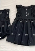 Load image into Gallery viewer, Celine French Tiny Bow Romper - Black (pre order) - Fox Baby &amp; Co
