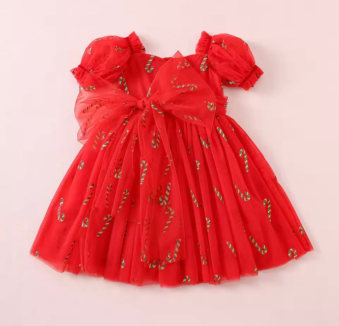 Kids girls Christmas Luxe Puff Tulle Dress - Red Candy Cane