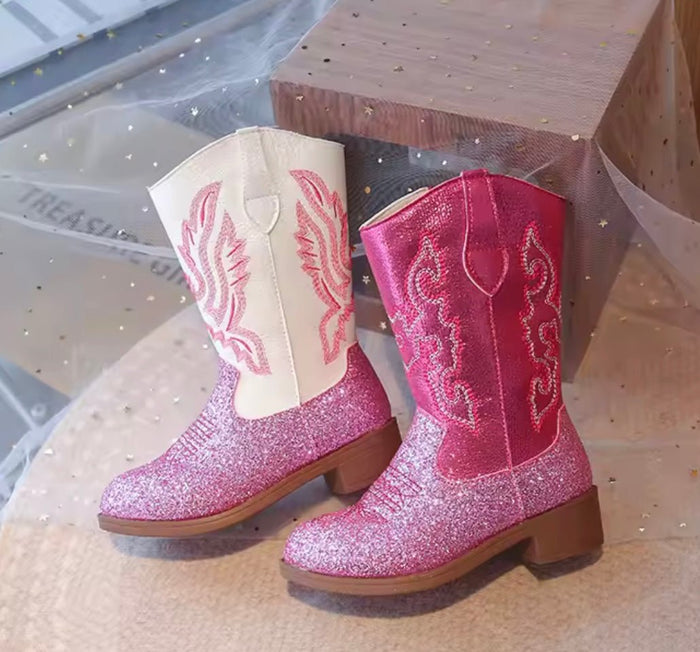 Sparkle Princess K-pop Cowgirl Boots – Pink/White