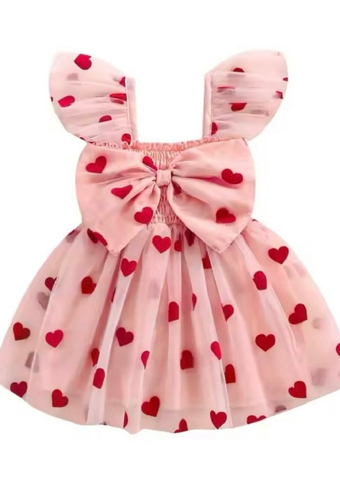 Girl Valentine Bow Big Heart Tulle Dress - Pink - Fox Baby & Co