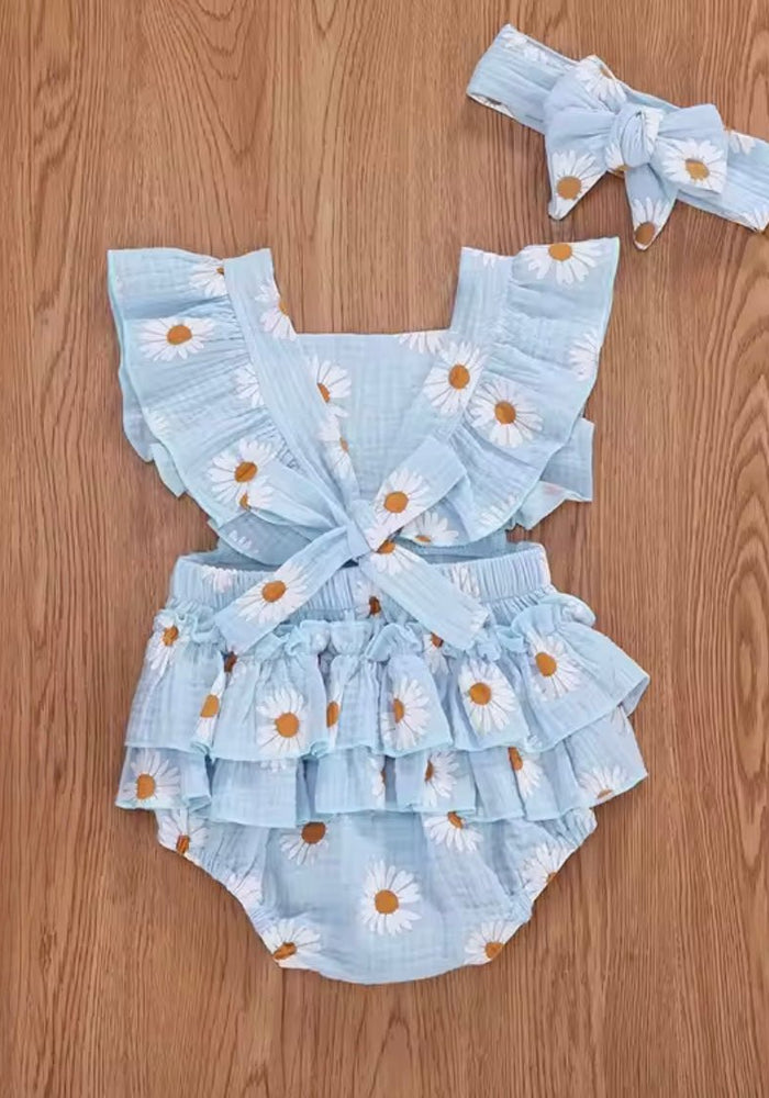 Summer Bloom Daisy Romper & headband - Blue - Fox Baby & Co