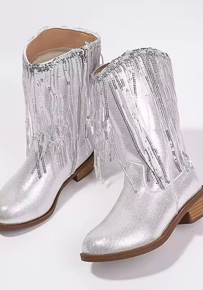 ✨ Silver Sparkle Fringe Cowgirl Boots