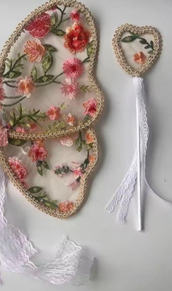 Floral Lace Fairy Wings and wand Birthday set - Blush Rose