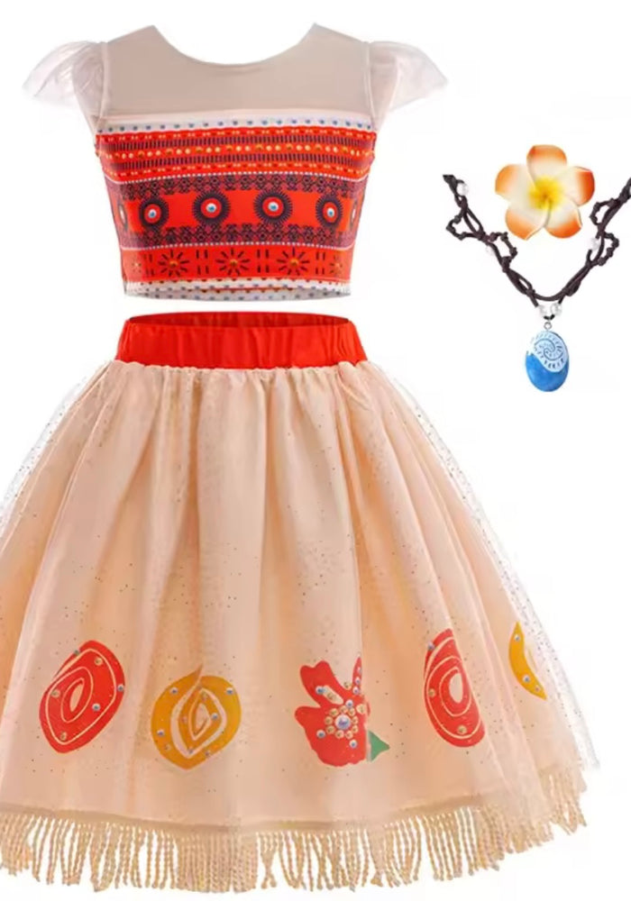 Moana Top & Skirt Costume, necklace and clip