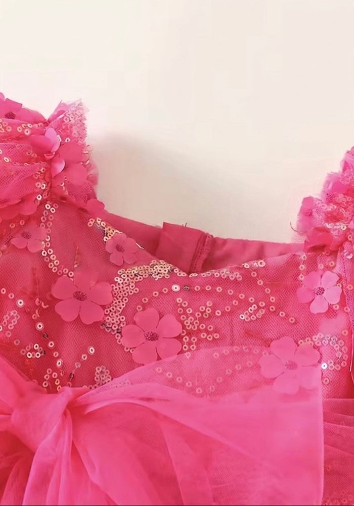 Kids girls Tea Party Sparkle Tulle Dress - Bright Pink