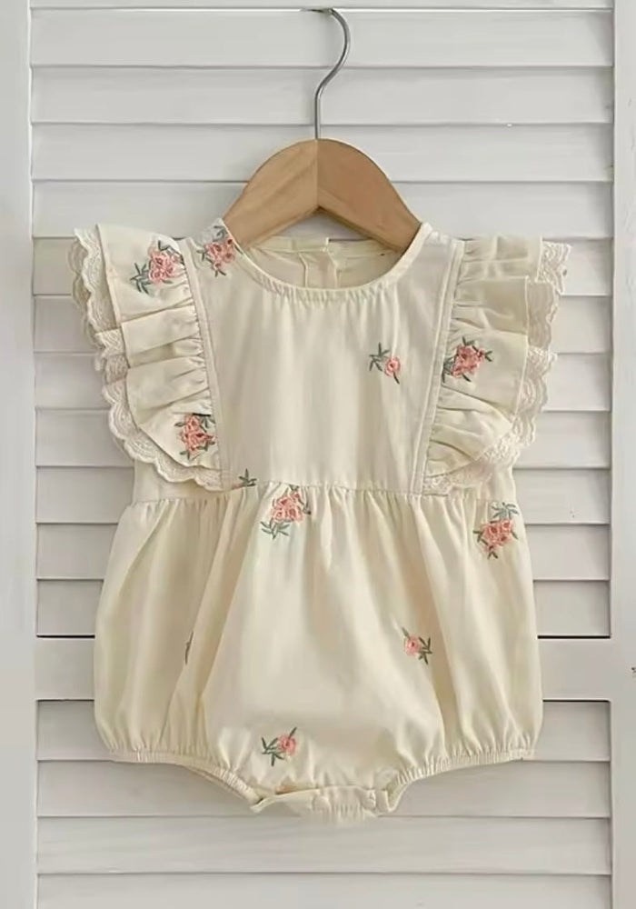 Baby Girls Peach Floral Vintage Romper (pre order) - Fox Baby & Co