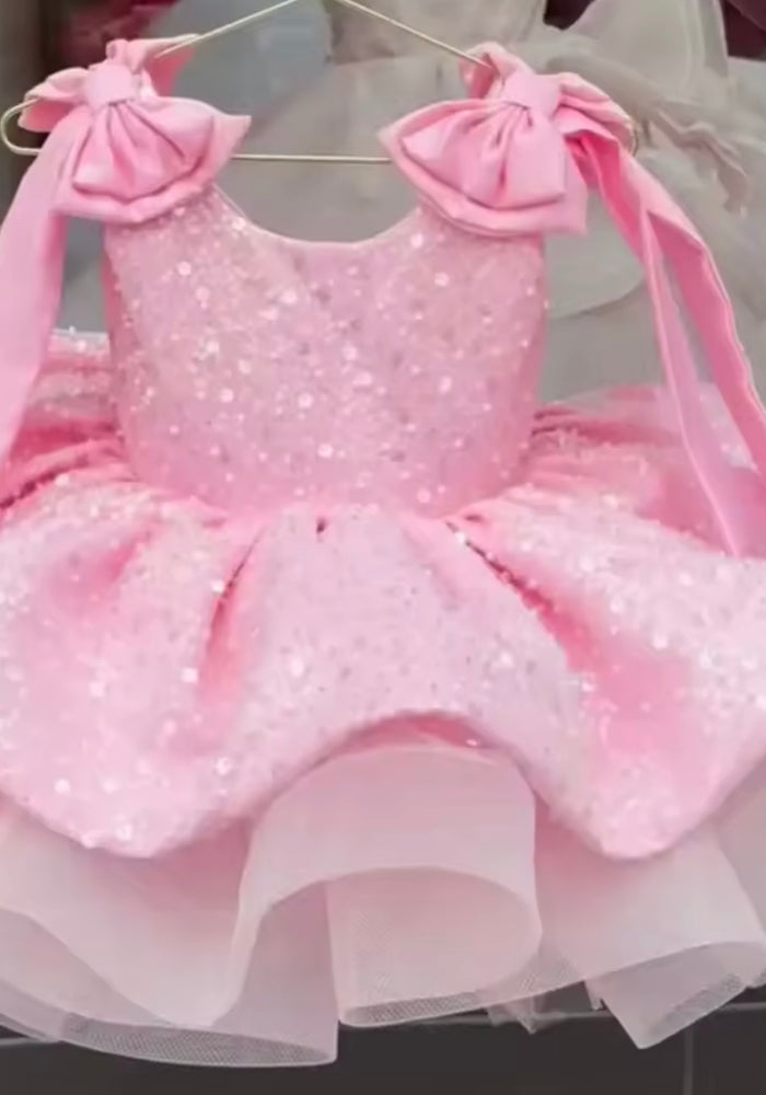 Little Girls Pink Sparkle Bow Luxe Princess Tulle Dress