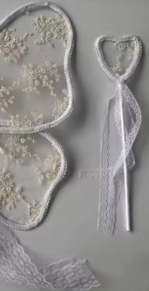 Kids little girls Lace Fairy Wings and wand Birthday set - White/Ivory