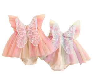 Kids little Girls Aurora Tutu Tulle Fairy Romper - Peach Rainbow