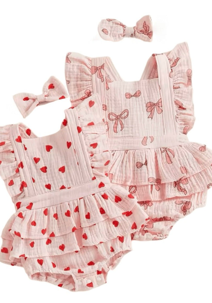 My Valentine Pink Bow Frill Romper & Bow (pre order) - Fox Baby & Co