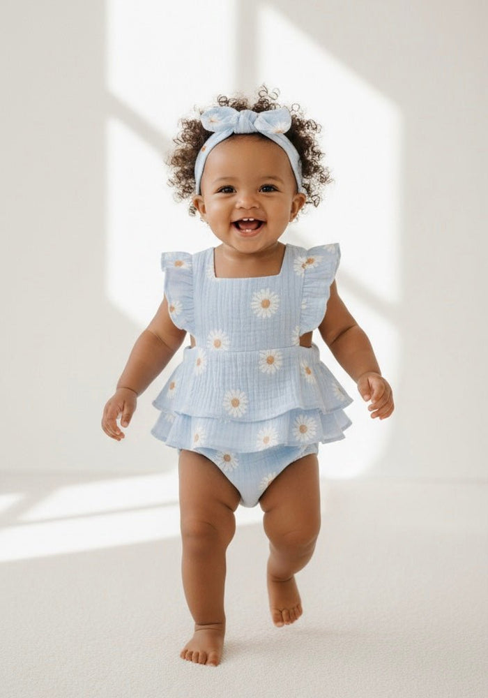 Summer Bloom Daisy Romper & headband - Blue - Fox Baby & Co