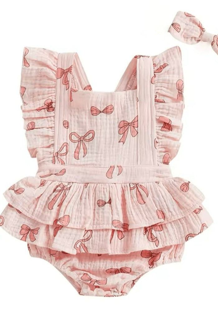 My Valentine Pink Bow Frill Romper & Bow (pre order) - Fox Baby & Co