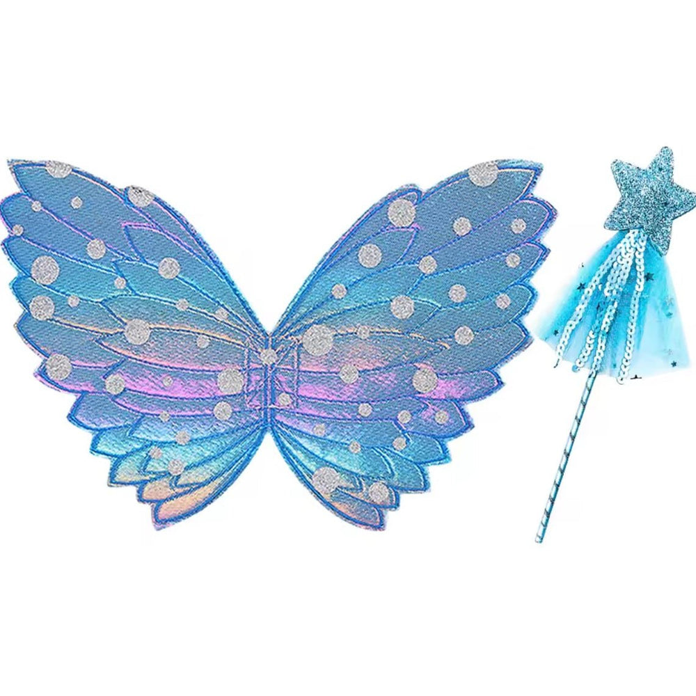 Kids little girls Rainbow Fairy Wings and wand set - Blue - Fox Baby & Co