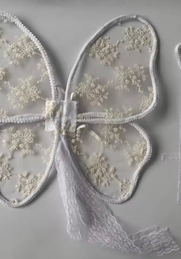 Kids little girls Lace Fairy Wings and wand Birthday set - White/Ivory