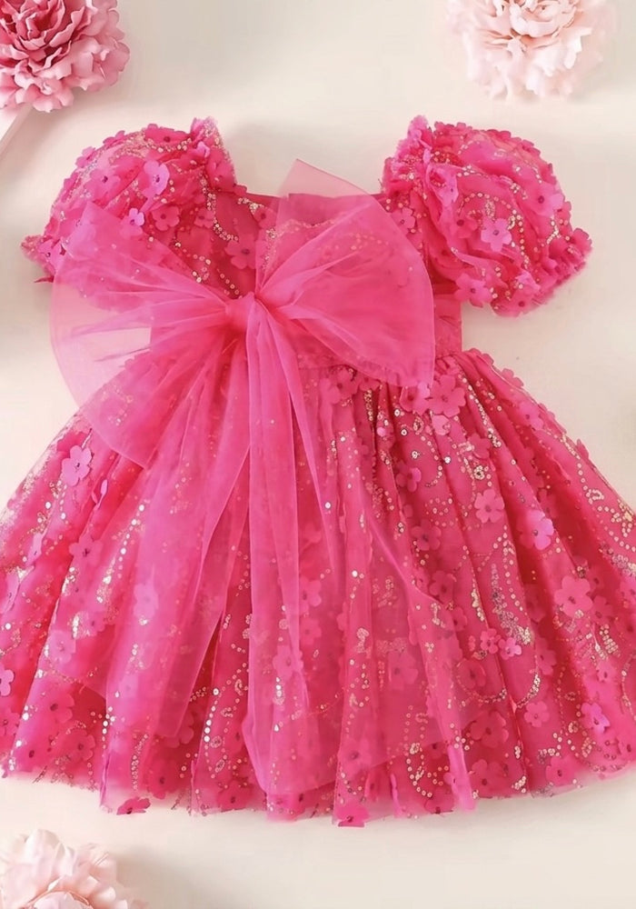 Kids girls Tea Party Sparkle Tulle Dress - Bright Pink
