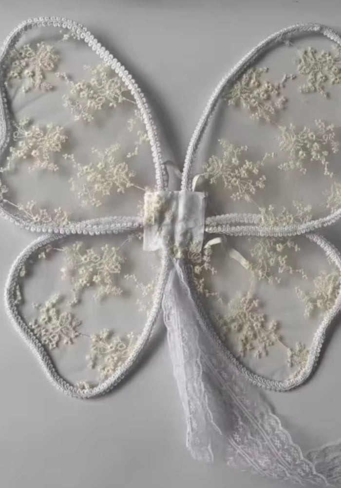 Kids little girls Lace Fairy Wings and wand Birthday set - White/Ivory