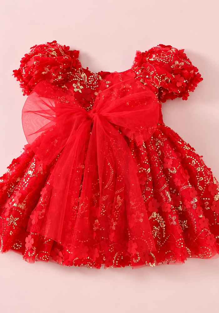Kids girls Christmas Tea Party Sparkle Tulle Dress - Red