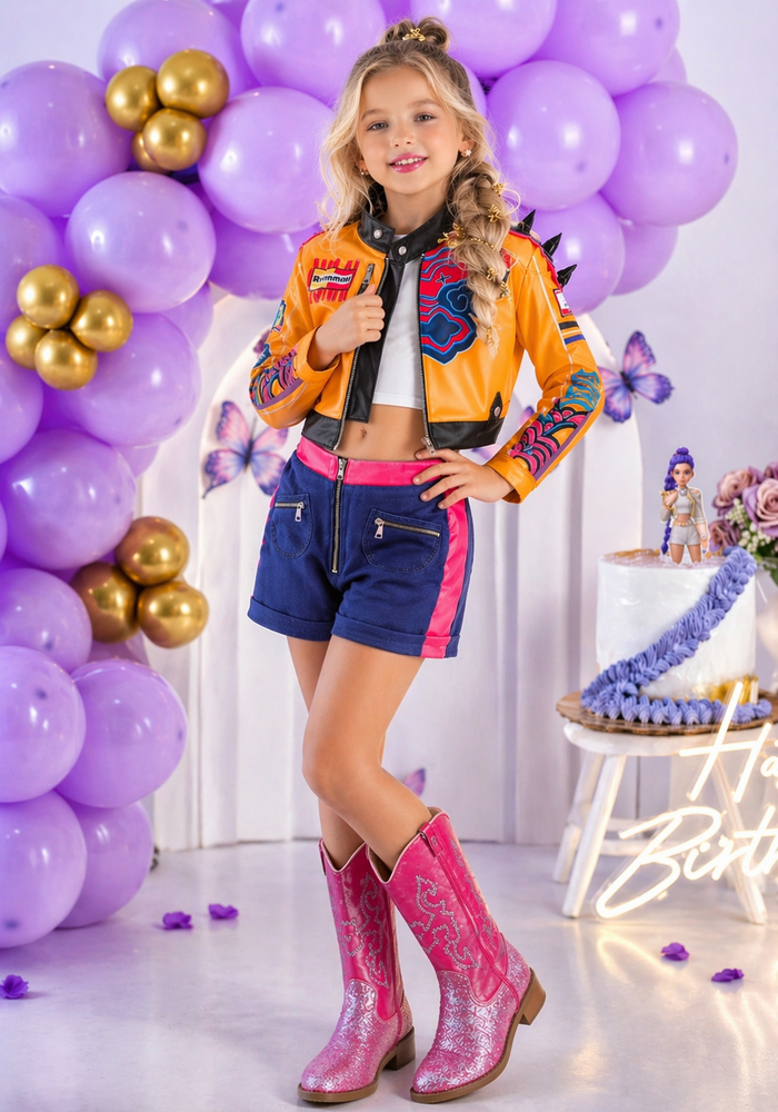 Kids Girls K - POP Style Demon Hunter Rumi Costume Top, Shorts & Jacket 3 Piece - Fox Baby & Co