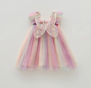 Kids little girls Aurora Tulle Fairy Birthday Dress - Pink Rainbow