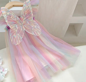 Kids little girls Aurora Tulle Fairy Birthday Dress - Pink Rainbow
