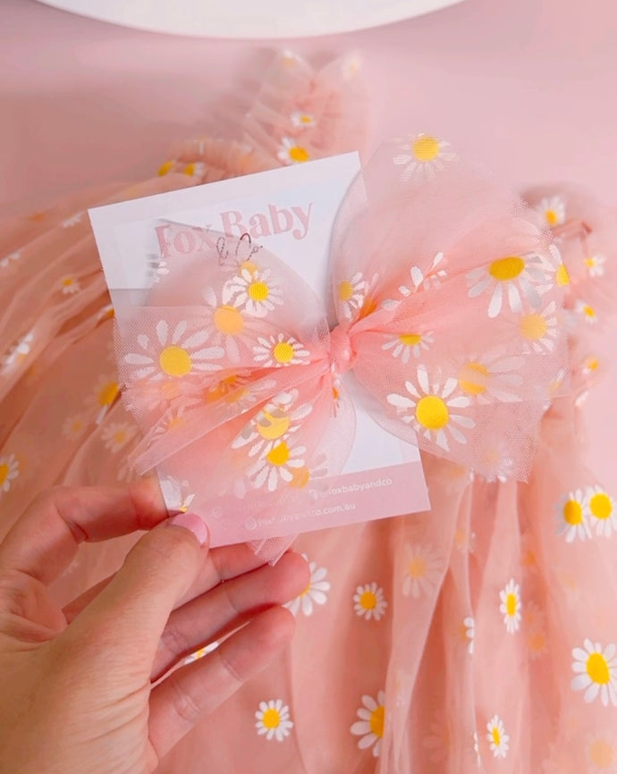 Pink Daisy Tulle Bow Clip