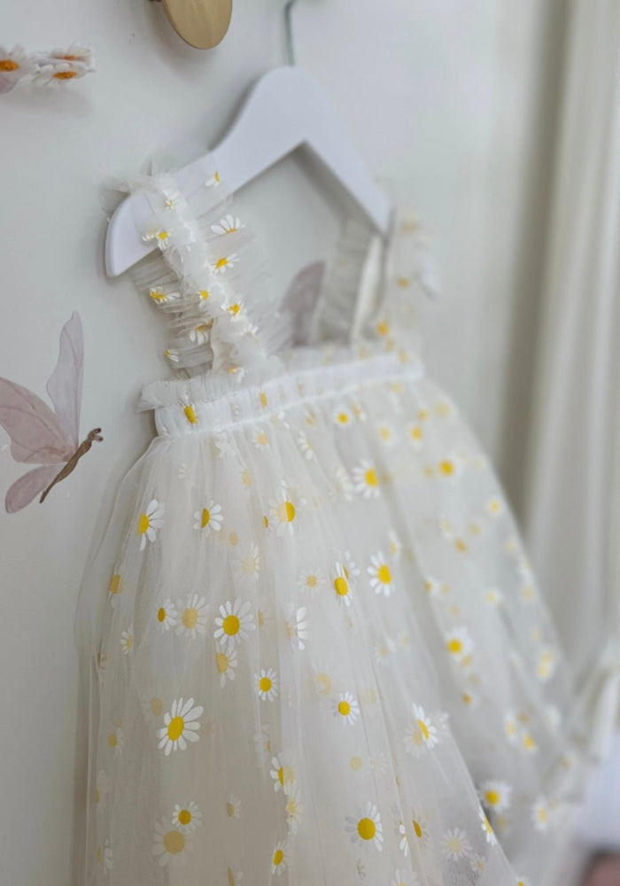 Kids little girls Arabella Daisy Tulle Dress - White/Yellow - Fox Baby & Co
