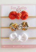Load image into Gallery viewer, Harper Bow - Burnt Orange Broderie , Mustard Floral &amp; White - Fox Baby &amp; Co
