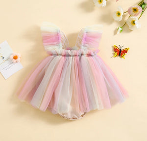 Kids little Girls Aurora Tutu Tulle Fairy Romper - Pink Rainbow