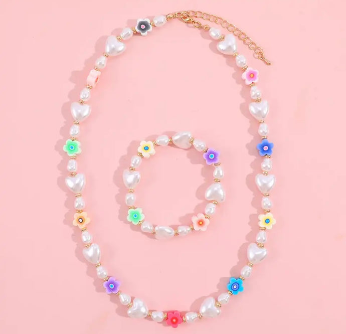 Daisy Pearl Necklace & bracelet flower set