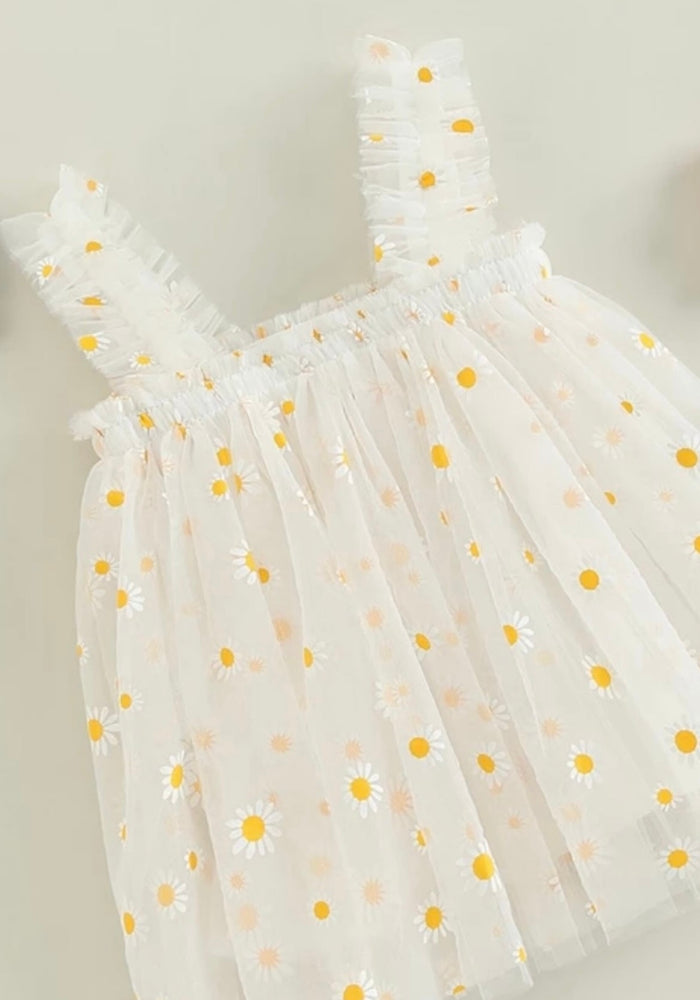 Kids little girls Arabella Daisy Tulle Dress - White/Yellow - Fox Baby & Co