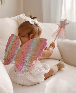 Kids little girls Rainbow Fairy Wings and wand Birthday set - pink