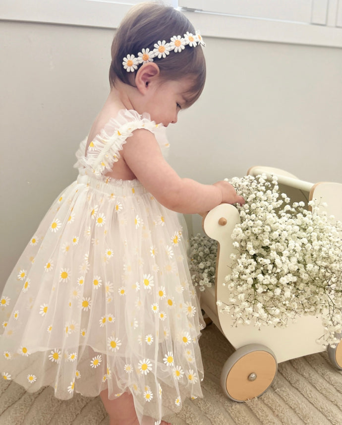 Kids little girls Arabella Daisy Tulle Dress - White/Yellow